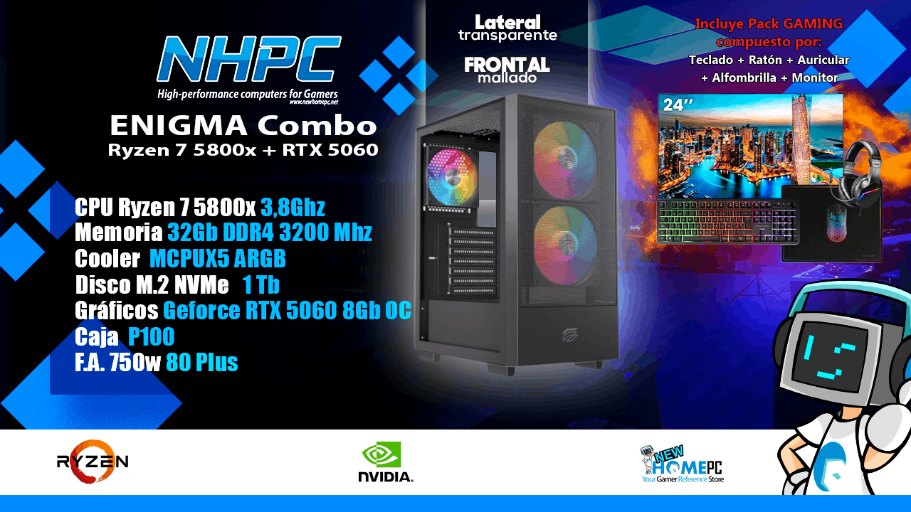 Combo Pc Gaming NHPC ENIGMA - Ryzen 7 5800X - RTX 5060 - 32Gb - 1TB - Monitor - Periféricos